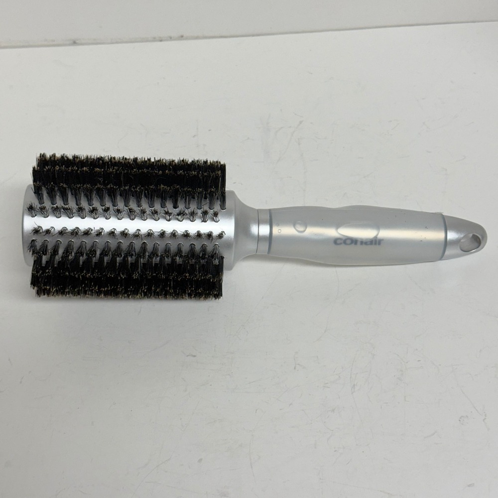 Conair Round Hair Brush Boar Bristle Silver Soft Grip Gel Handle Styling Tool